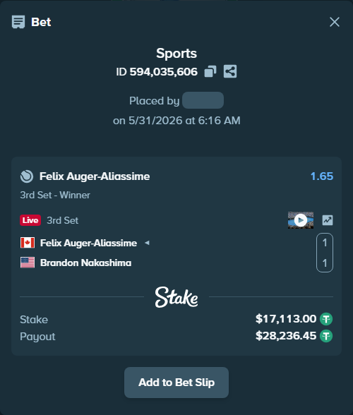 Bet slip: Felix Auger-Aliassime - Brandon Nakashima, $17,130.11 stake at 1.65 odds, placed by Elantari36