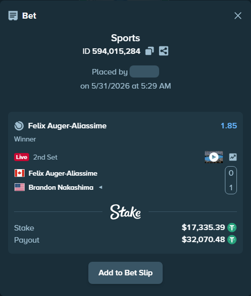 Bet slip: Felix Auger-Aliassime - Brandon Nakashima, $17,352.73 stake at 1.85 odds, placed by Elantari36