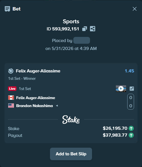 Bet slip: Felix Auger-Aliassime - Brandon Nakashima, $26,221.90 stake at 1.45 odds, placed by Elantari36