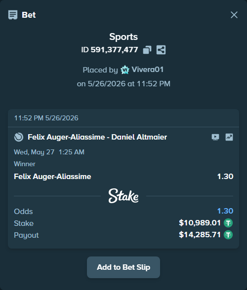 Bet slip: Felix Auger-Aliassime - Daniel Altmaier, $11,000.00 stake at 1.30 odds, placed by Vivera01