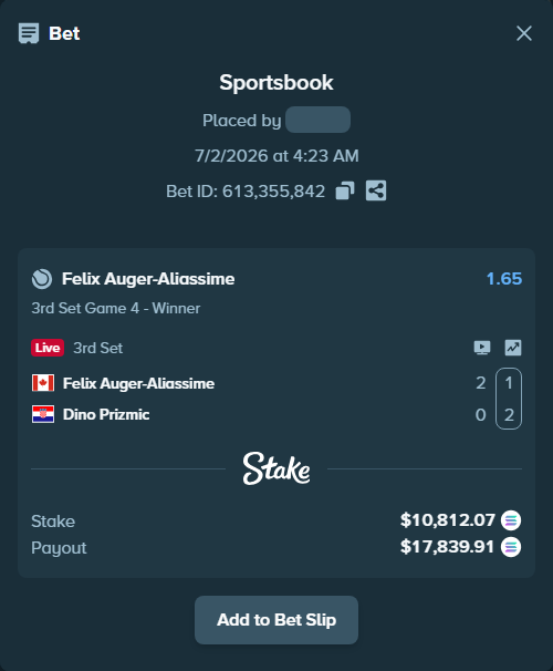 Bet slip: Felix Auger-Aliassime - Dino Prizmic, $11,445.19 stake at 1.65 odds, placed by Prettylfacko98