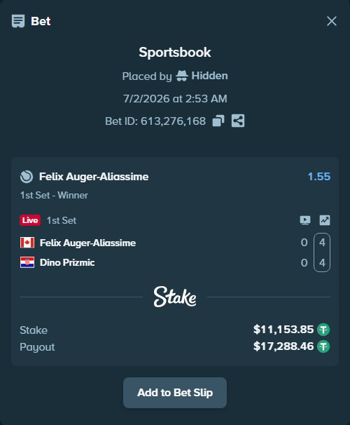 Bet slip: Felix Auger-Aliassime - Dino Prizmic, $11,165.00 stake at 1.55 odds, placed by Hidden