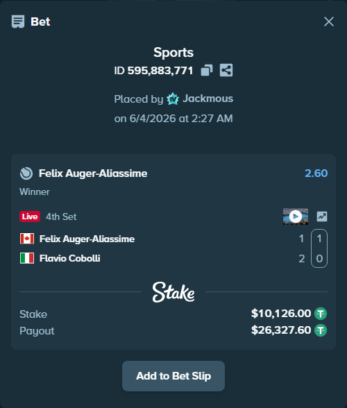 Bet slip: Felix Auger-Aliassime - Flavio Cobolli, $10,136.13 stake at 2.60 odds, placed by Jackmous
