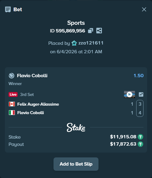 Bet slip: Felix Auger-Aliassime - Flavio Cobolli, $11,927.00 stake at 1.50 odds, placed by zza121611