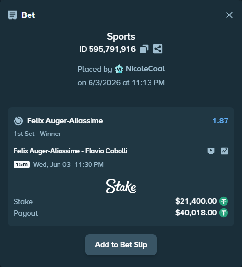 Bet slip: Felix Auger-Aliassime - Flavio Cobolli, $21,421.40 stake at 1.87 odds, placed by NicoleCoal