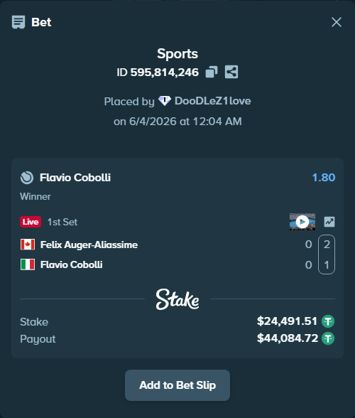 Bet slip: Felix Auger-Aliassime - Flavio Cobolli, $24,516.00 stake at 1.80 odds, placed by DooDLeZ1love