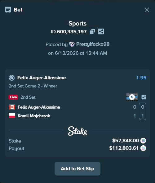 Bet slip: Felix Auger-Aliassime - Kamil Majchrzak, $62,637.68 stake at 1.95 odds, placed by Prettylfacko98