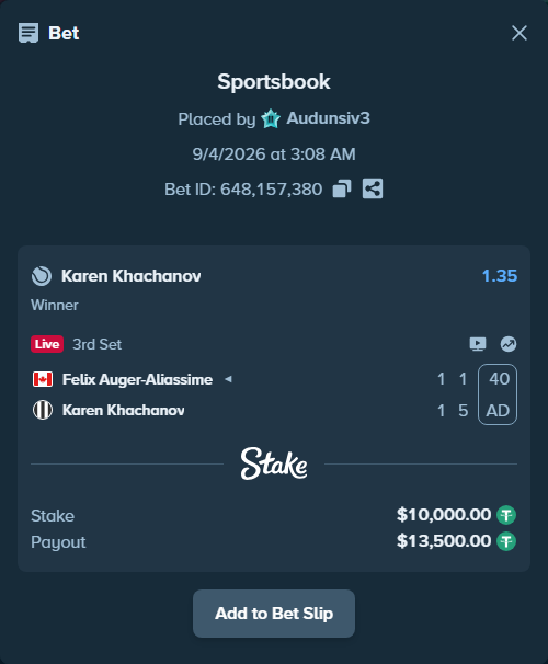Bet slip: Felix Auger-Aliassime - Karen Khachanov, $10,000.00 stake at 1.35 odds, placed by Audunsiv3