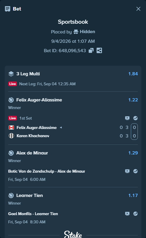 Bet slip: Felix Auger-Aliassime - Karen Khachanov, $135,700.00 stake at 1.22 odds, placed by Hidden