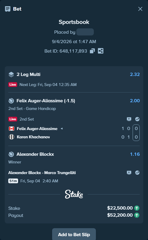 Bet slip: Felix Auger-Aliassime - Karen Khachanov, $22,500.00 stake at 2.00 odds, placed by haroldfinchh