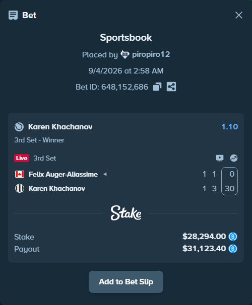 Bet slip: Felix Auger-Aliassime - Karen Khachanov, $28,294.00 stake at 1.10 odds, placed by piropiro12