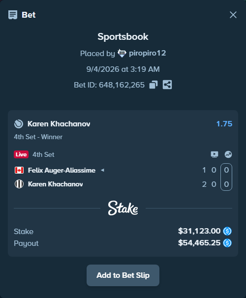 Bet slip: Felix Auger-Aliassime - Karen Khachanov, $31,123.00 stake at 1.75 odds, placed by piropiro12