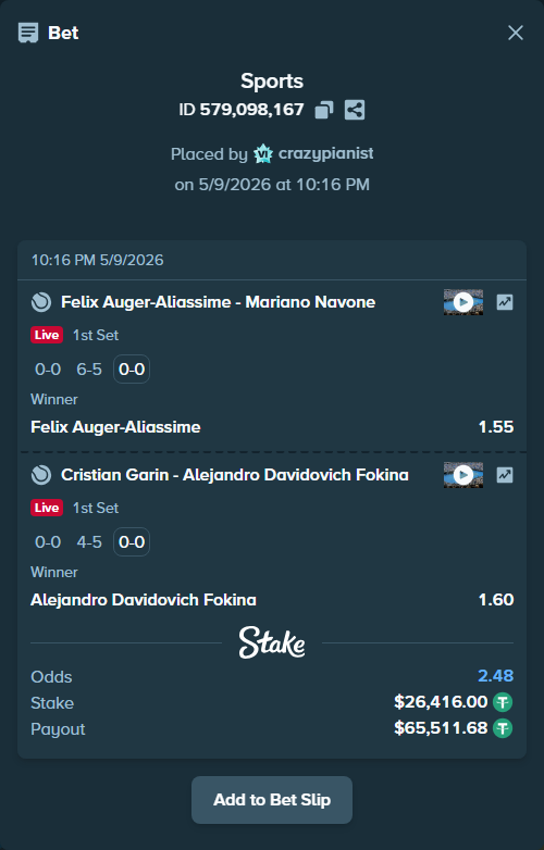 Bet slip: Felix Auger-Aliassime - Mariano Navone, $26,416.00 stake at 1.55 odds, placed by crazypianist