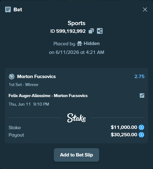 Bet slip: Felix Auger-Aliassime - Marton Fucsovics, $11,000.00 stake at 2.75 odds, placed by Hidden