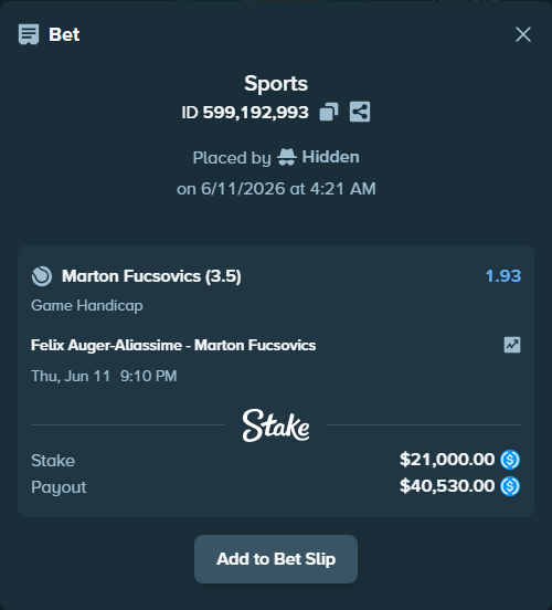 Bet slip: Felix Auger-Aliassime - Marton Fucsovics, $21,000.00 stake at 1.93 odds, placed by Hidden