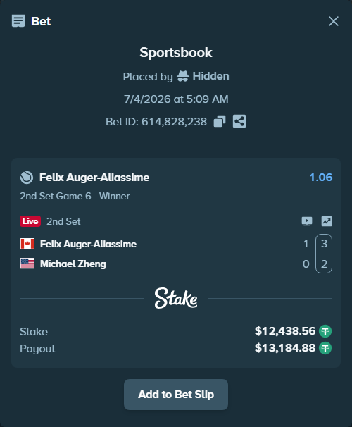 Bet slip: Felix Auger-Aliassime - Michael Zheng, $12,451.00 stake at 1.06 odds, placed by diomancy