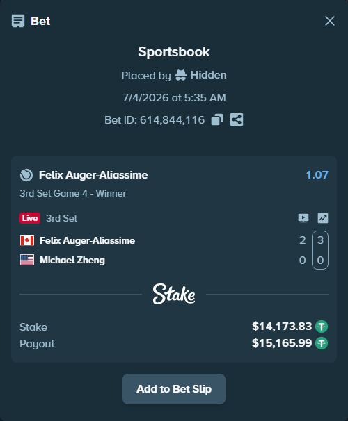 Bet slip: Felix Auger-Aliassime - Michael Zheng, $14,188.00 stake at 1.07 odds, placed by diomancy