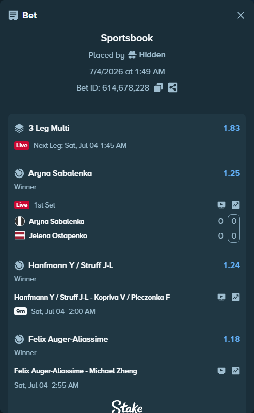 Bet slip: Felix Auger-Aliassime - Michael Zheng, $351,902.33 stake at 1.18 odds, placed by Hidden
