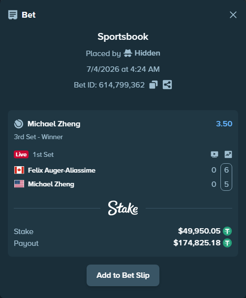Bet slip: Felix Auger-Aliassime - Michael Zheng, $50,000.00 stake at 3.50 odds, placed by Hidden
