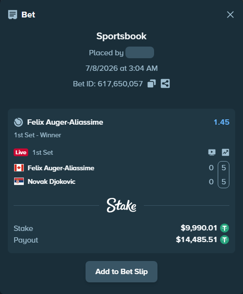 Bet slip: Felix Auger-Aliassime - Novak Djokovic, $10,000.00 stake at 1.45 odds, placed by fadennesaroush