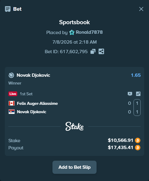 Bet slip: Felix Auger-Aliassime - Novak Djokovic, $10,623.81 stake at 1.65 odds, placed by Ronald7878