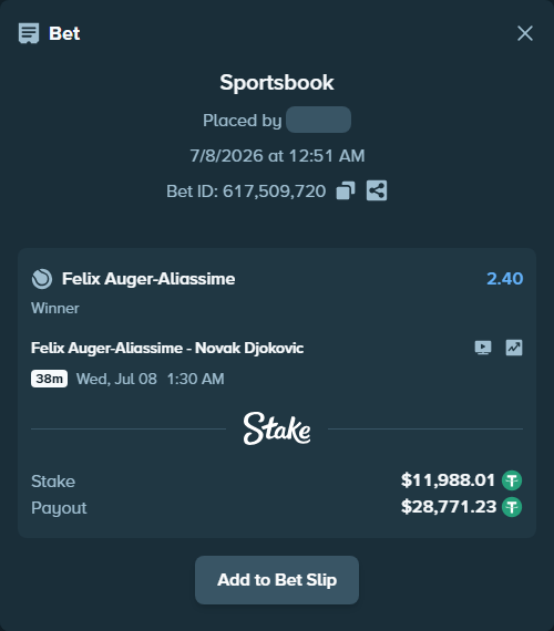 Bet slip: Felix Auger-Aliassime - Novak Djokovic, $12,000.00 stake at 2.40 odds, placed by Thanoscape