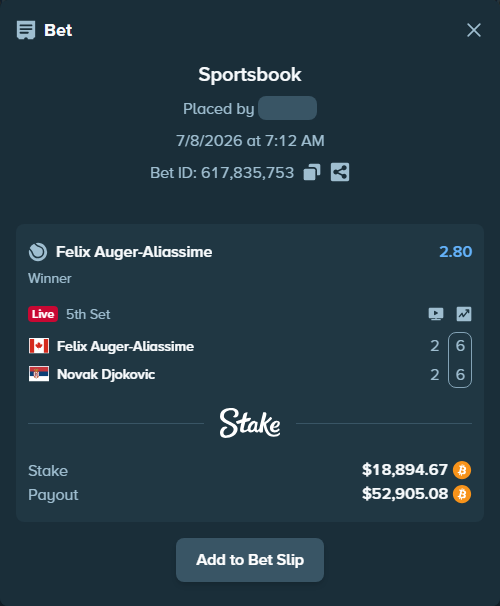Bet slip: Felix Auger-Aliassime - Novak Djokovic, $19,166.55 stake at 2.80 odds, placed by sanchvies11
