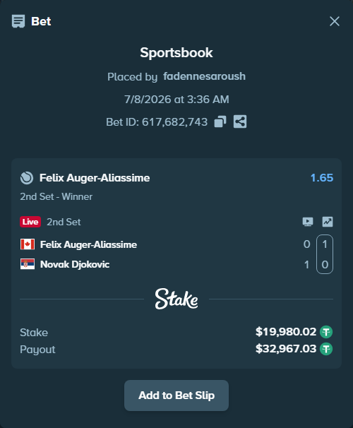 Bet slip: Felix Auger-Aliassime - Novak Djokovic, $20,000.00 stake at 1.65 odds, placed by fadennesaroush