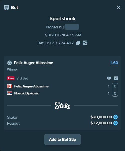 Bet slip: Felix Auger-Aliassime - Novak Djokovic, $20,000.00 stake at 1.60 odds, placed by crazypianist