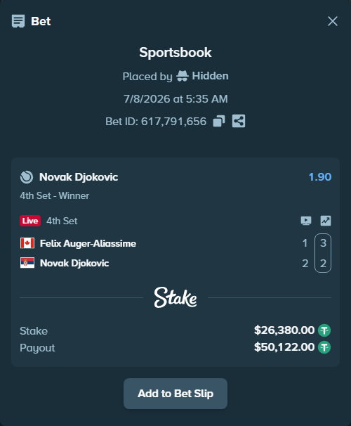 Bet slip: Felix Auger-Aliassime - Novak Djokovic, $26,406.38 stake at 1.90 odds, placed by Hidden