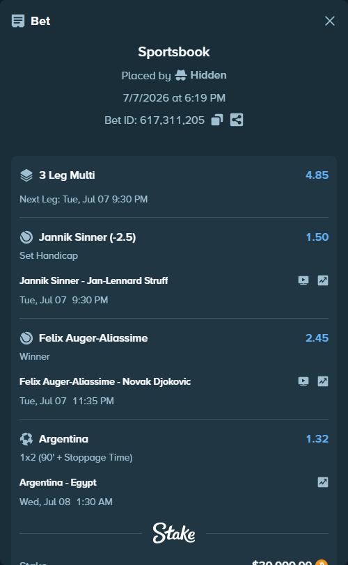 Bet slip: Felix Auger-Aliassime - Novak Djokovic, $30,013.82 stake at 2.45 odds, placed by Hidden