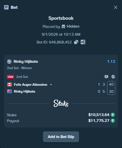 Bet slip: Felix Auger-Aliassime - Rinky Hijikata, $10,513.64 stake at 1.12 odds, placed by Hidden
