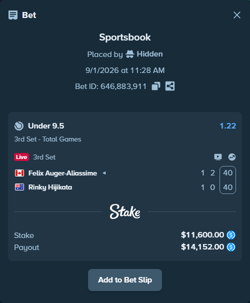 Bet slip: Felix Auger-Aliassime - Rinky Hijikata, $11,600.00 stake at 1.22 odds, placed by Hidden