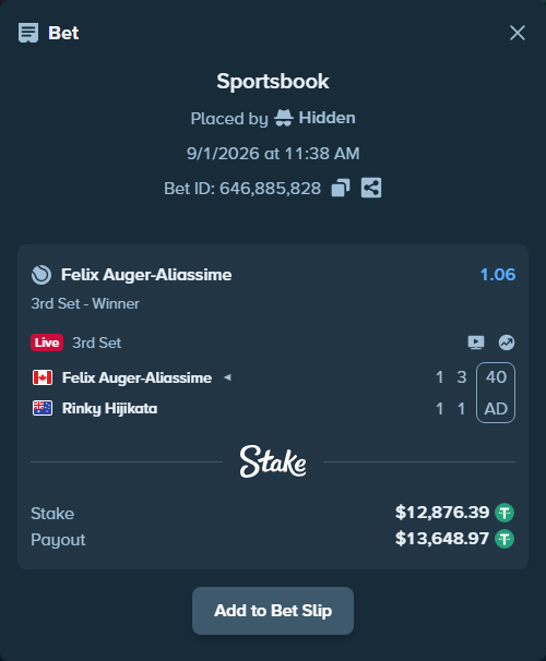 Bet slip: Felix Auger-Aliassime - Rinky Hijikata, $12,876.39 stake at 1.06 odds, placed by Hidden