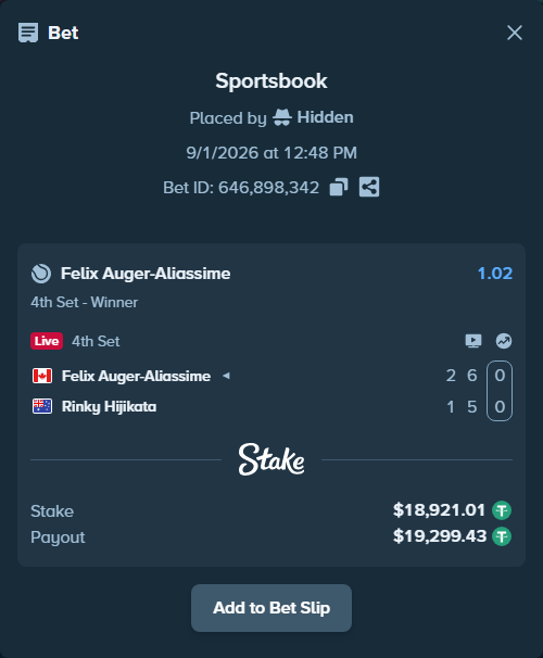 Bet slip: Felix Auger-Aliassime - Rinky Hijikata, $18,921.01 stake at 1.02 odds, placed by Hidden
