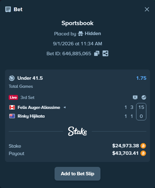 Bet slip: Felix Auger-Aliassime - Rinky Hijikata, $24,801.01 stake at 1.75 odds, placed by Hidden