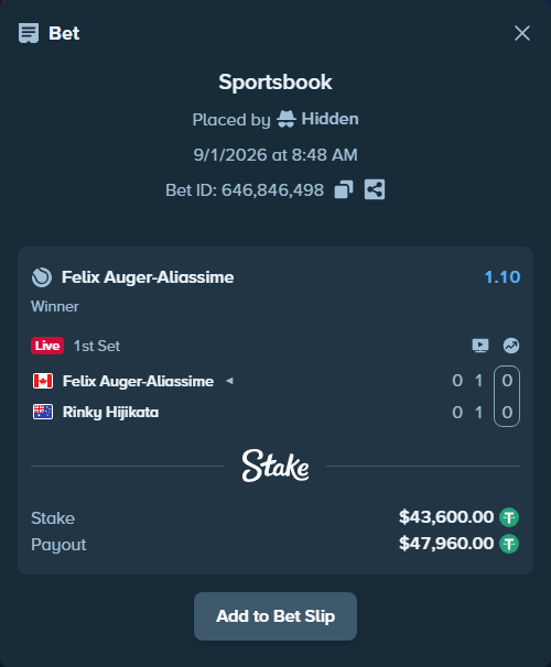 Bet slip: Felix Auger-Aliassime - Rinky Hijikata, $43,600.00 stake at 1.10 odds, placed by Hidden