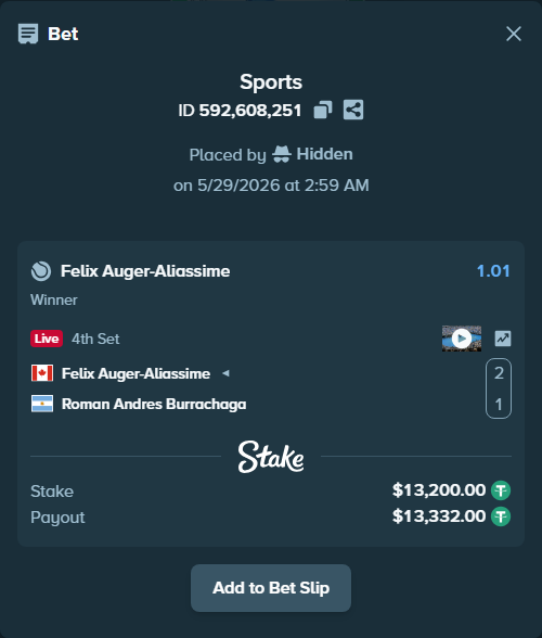 Bet slip: Felix Auger-Aliassime - Roman Andres Burrachaga, $13,213.20 stake at 1.01 odds, placed by Hidden