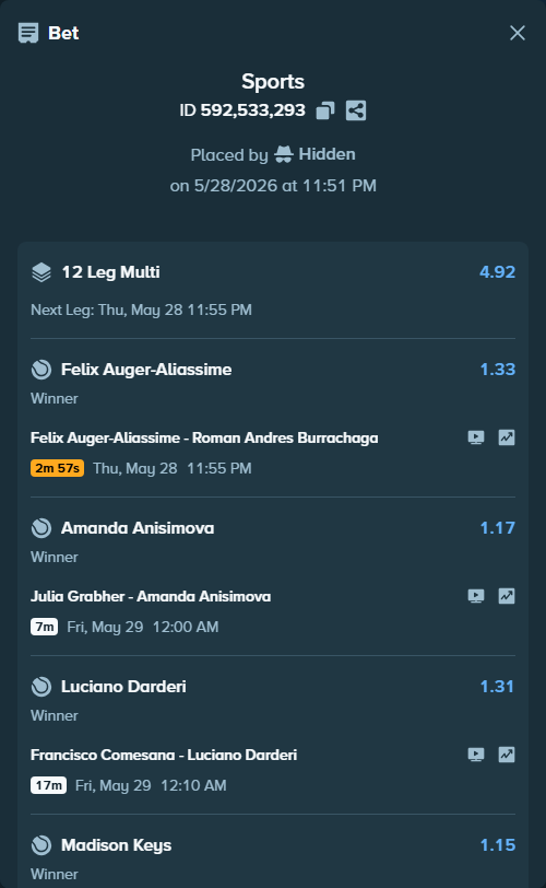 Bet slip: Felix Auger-Aliassime - Roman Andres Burrachaga, $140,250.26 stake at 1.33 odds, placed by Hidden