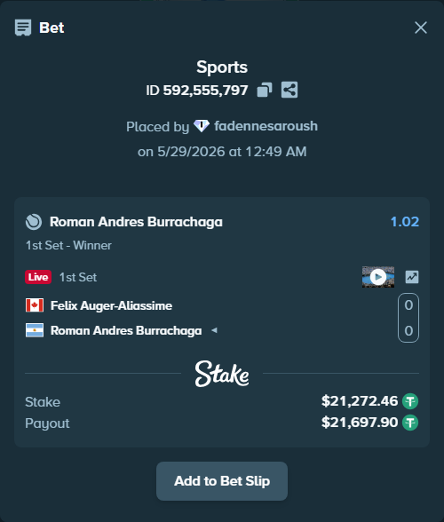 Bet slip: Felix Auger-Aliassime - Roman Andres Burrachaga, $21,315.00 stake at 1.02 odds, placed by fadennesaroush