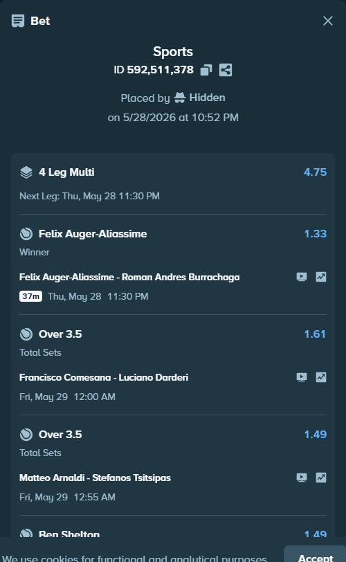 Bet slip: Felix Auger-Aliassime - Roman Andres Burrachaga, $25,000.00 stake at 1.33 odds, placed by NicoleCoal