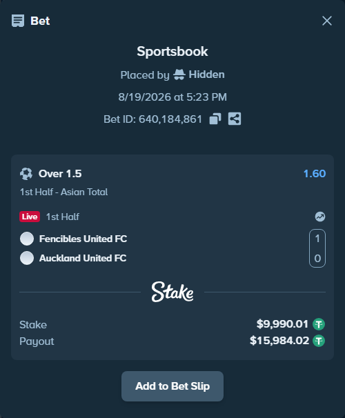 Bet slip: Fencibles United FC - Auckland United FC, $10,000.00 stake at 1.60 odds, placed by Hidden