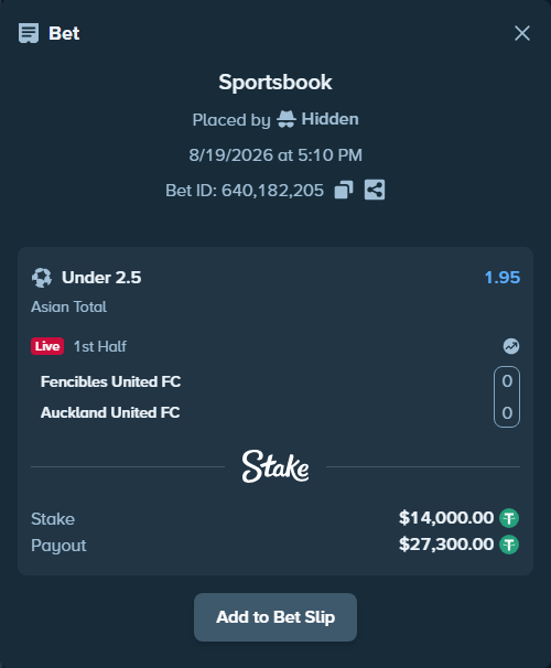 Bet slip: Fencibles United FC - Auckland United FC, $14,014.00 stake at 1.95 odds, placed by AsTraL11