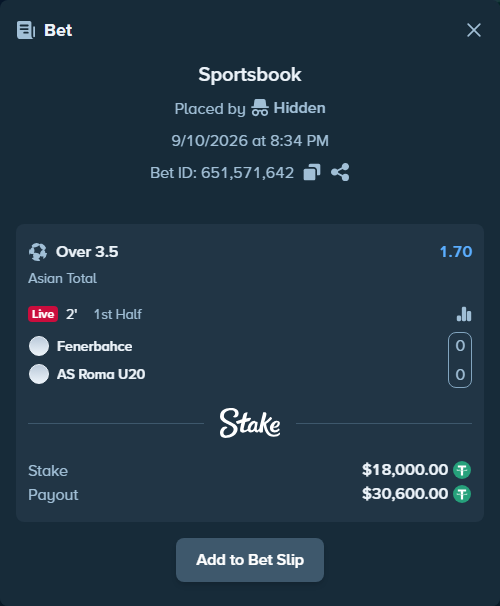 Bet slip: Fenerbahce - AS Roma, $18,000.00 stake at 1.70 odds, placed by Hidden