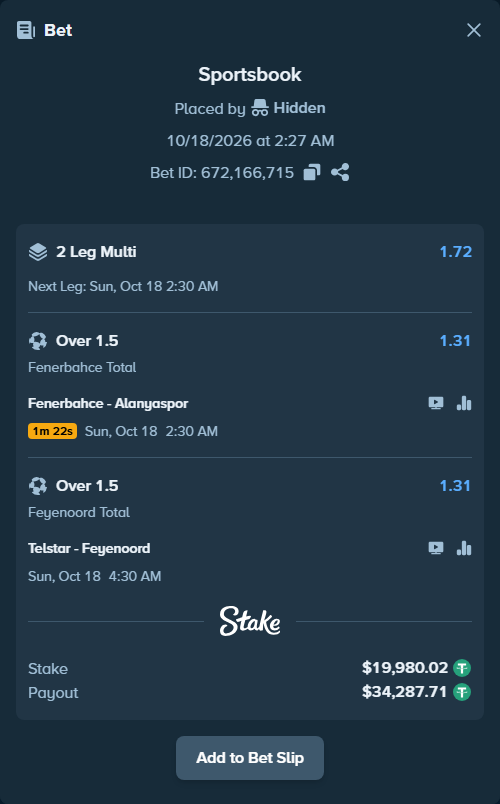 Bet slip: Fenerbahce Istanbul - Alanyaspor, $20,000.00 stake at 1.31 odds, placed by Hidden