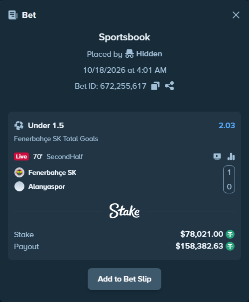 Bet slip: Fenerbahce Istanbul - Alanyaspor, $78,099.02 stake at 2.03 odds, placed by Hidden