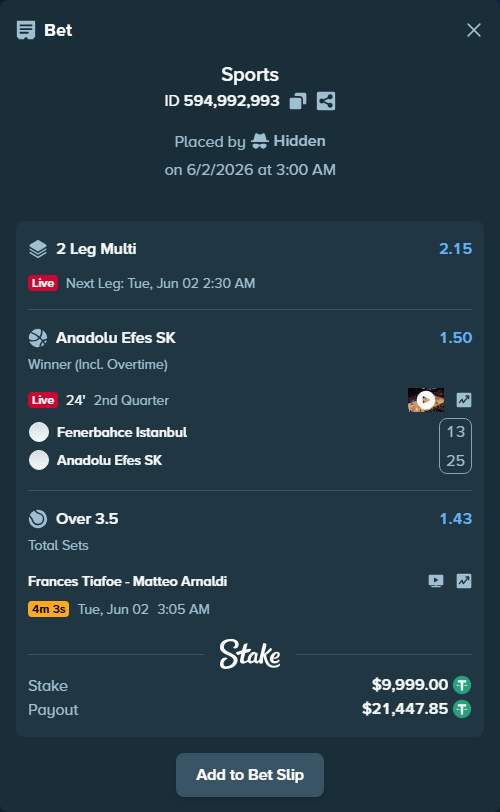 Bet slip: Fenerbahce Istanbul - Anadolu Efes SK, $10,009.00 stake at 1.50 odds, placed by Hidden