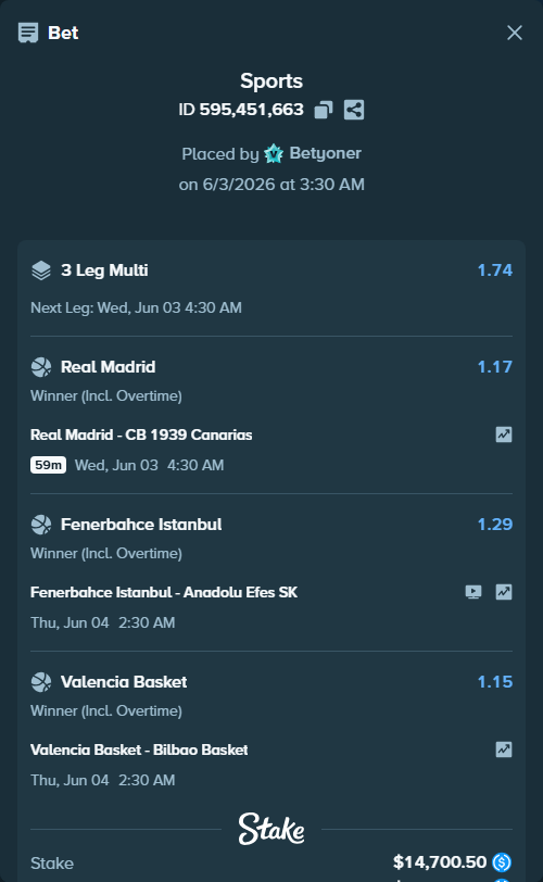 Bet slip: Fenerbahce Istanbul - Anadolu Efes SK, $14,700.50 stake at 1.29 odds, placed by Betyoner