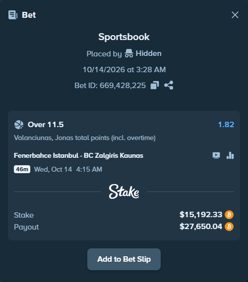 Bet slip: Fenerbahce Istanbul - BC Zalgiris Kaunas, $15,178.70 stake at 1.82 odds, placed by Hidden