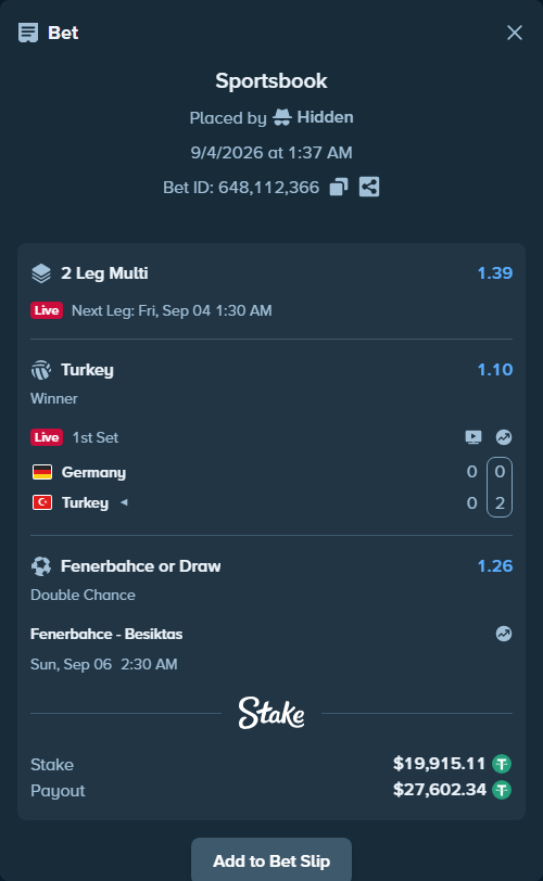 Bet slip: Fenerbahce Istanbul - Besiktas, $19,915.11 stake at 1.26 odds, placed by Hidden